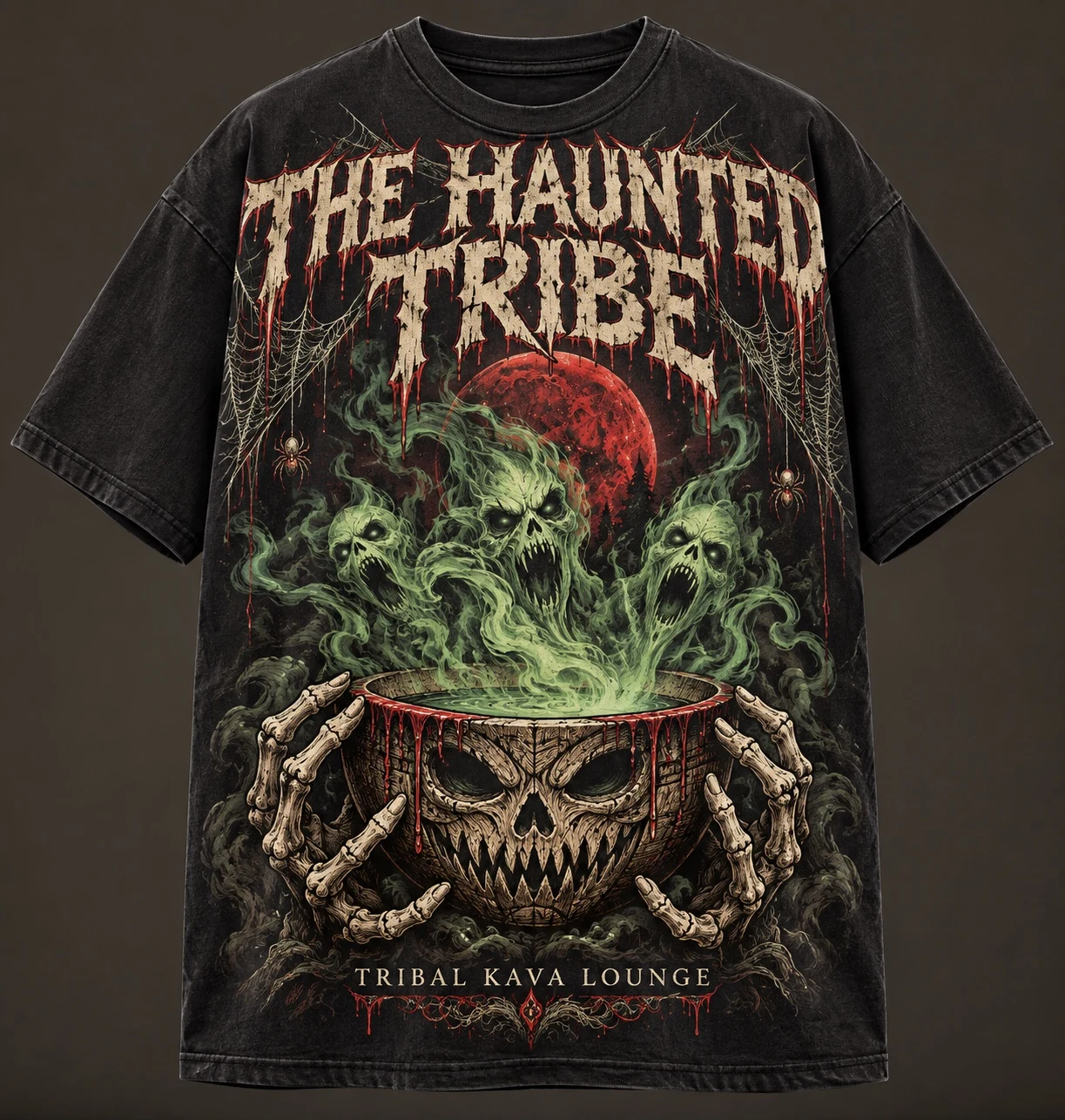 The Haunted Tribe shirt: distressed bone lettering, green spirits, a red moon and a skull kava bowl on a black shirt